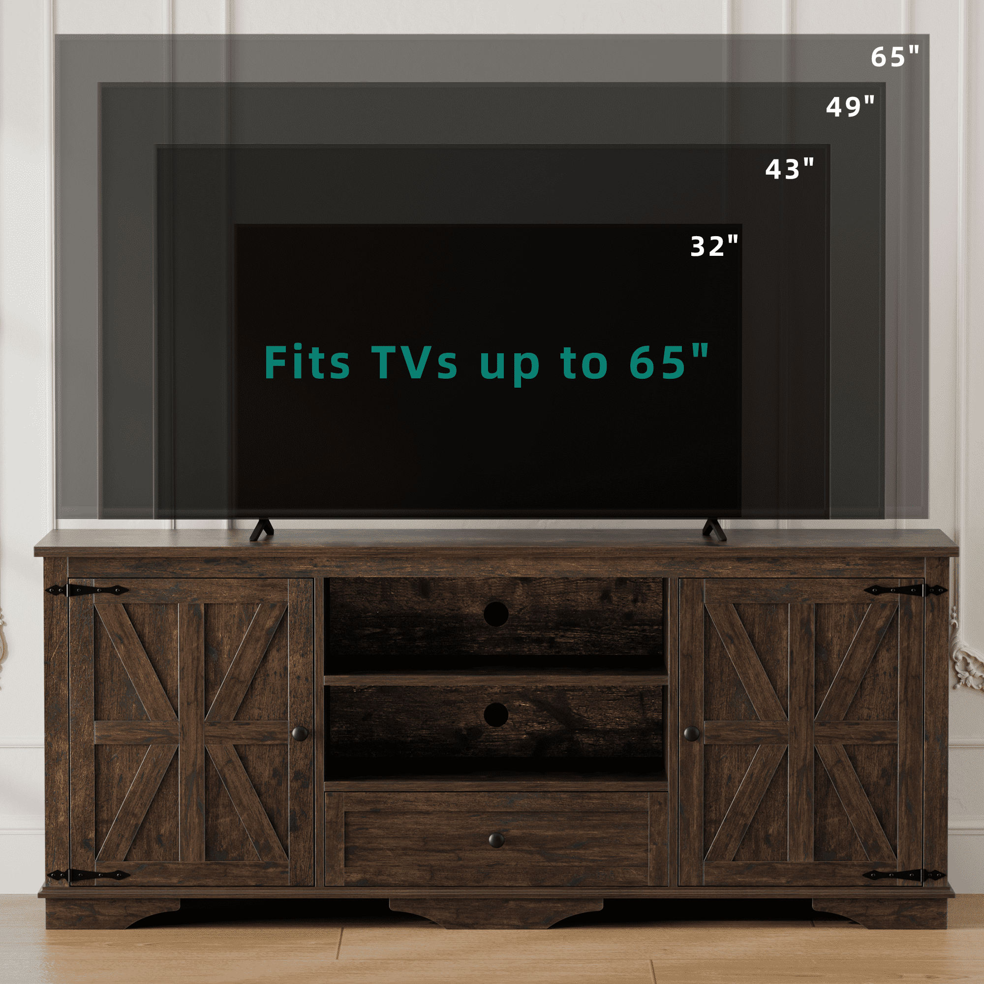 GIKPAL Farmhouse TV Stand for 65 inch TV, Entertainment Center Console Table with Storage Cabinets, Barn Door and Adjustable Shelves for Living Room, Rustic Brown