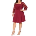 thumbnail image 4 of Vestido midi A-line de mujer plus size con cuello cuadrado, mangas de malla 3/4, plisado y fluido, talla 2X, color rojo rosa, 4 of 6