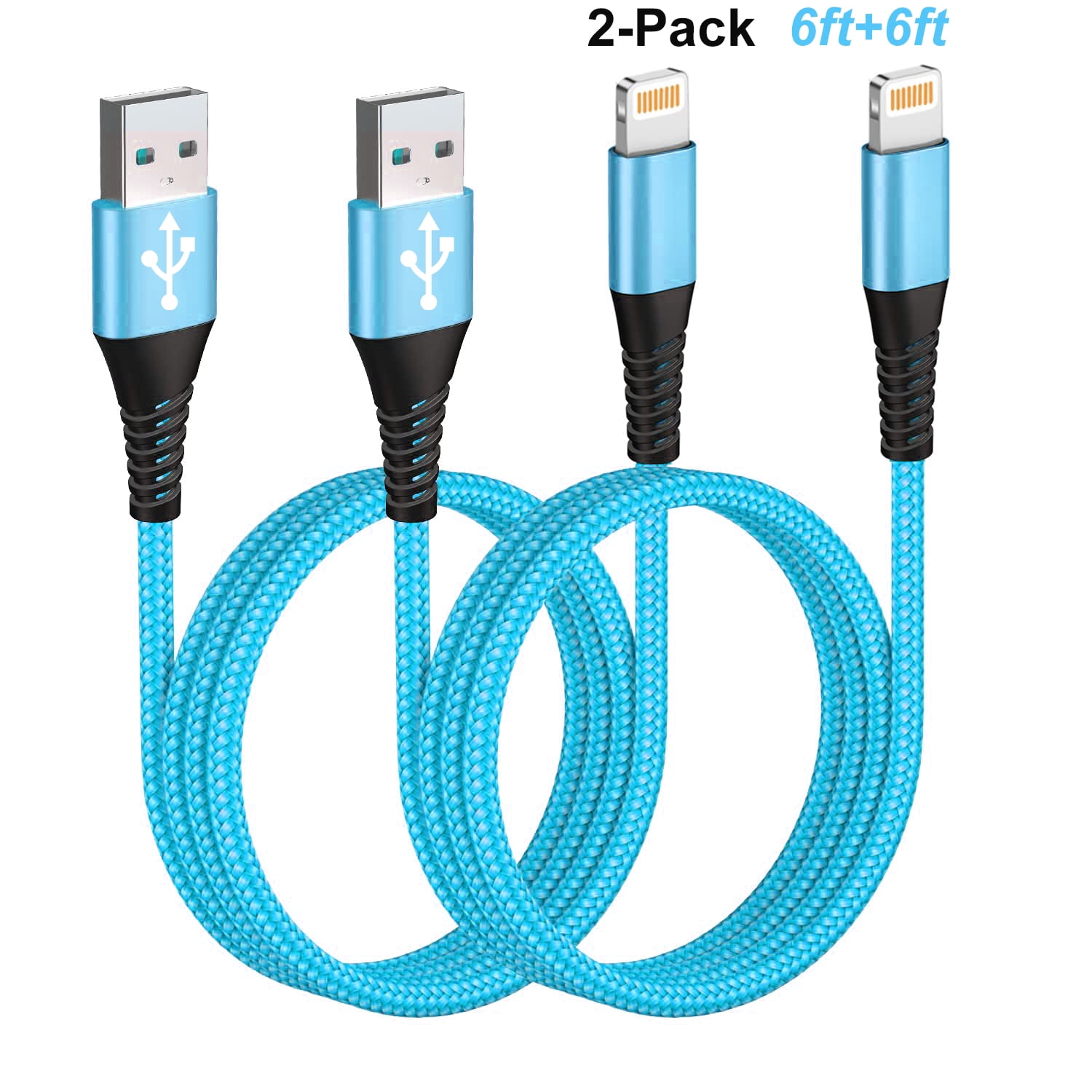 USB to Lightning Cable 2Pack 6ft, XUDUO iPhone Charger Cord Nylon Braided Fast Charging USB Cord for iPhone 14/13/12/11/X/XS/XR/8/7/6/5S/SE/iPad Mini Air(Blue)
