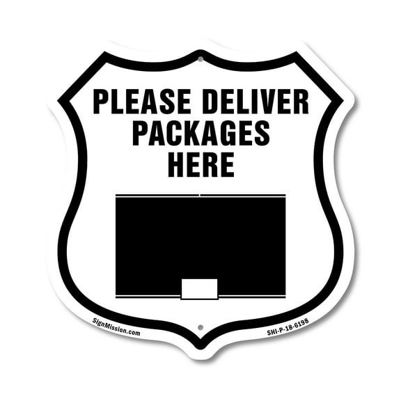 Please Deliver All Packages Here 12 inch X 12 inch Shield-Shaped Rust-Free Aluminum Metal Sign Weather Resistant Made in the USA