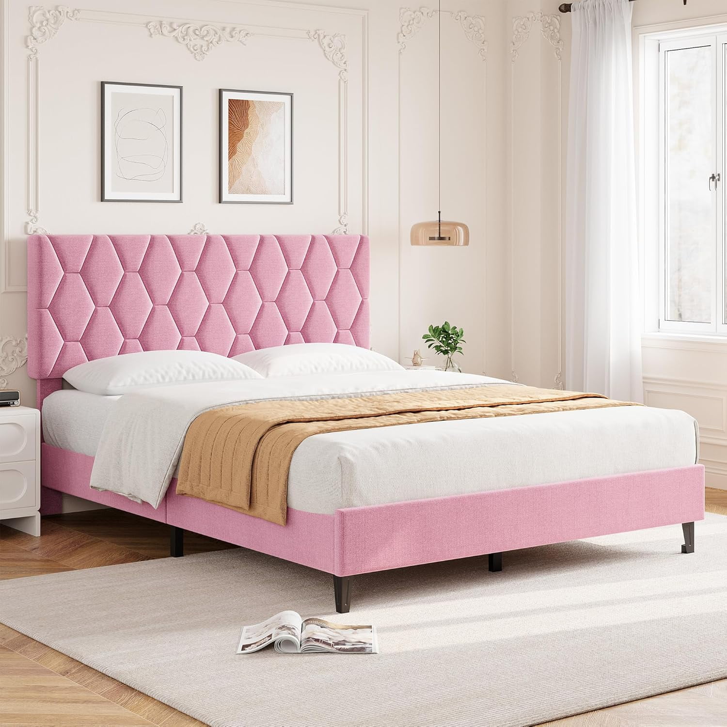 ChaoLink Queen Bed Frame with Upholstered Headboard, Wood Slat Platform, No Box Spring Needed, Noise-Free, Easy Assembly, Pink
