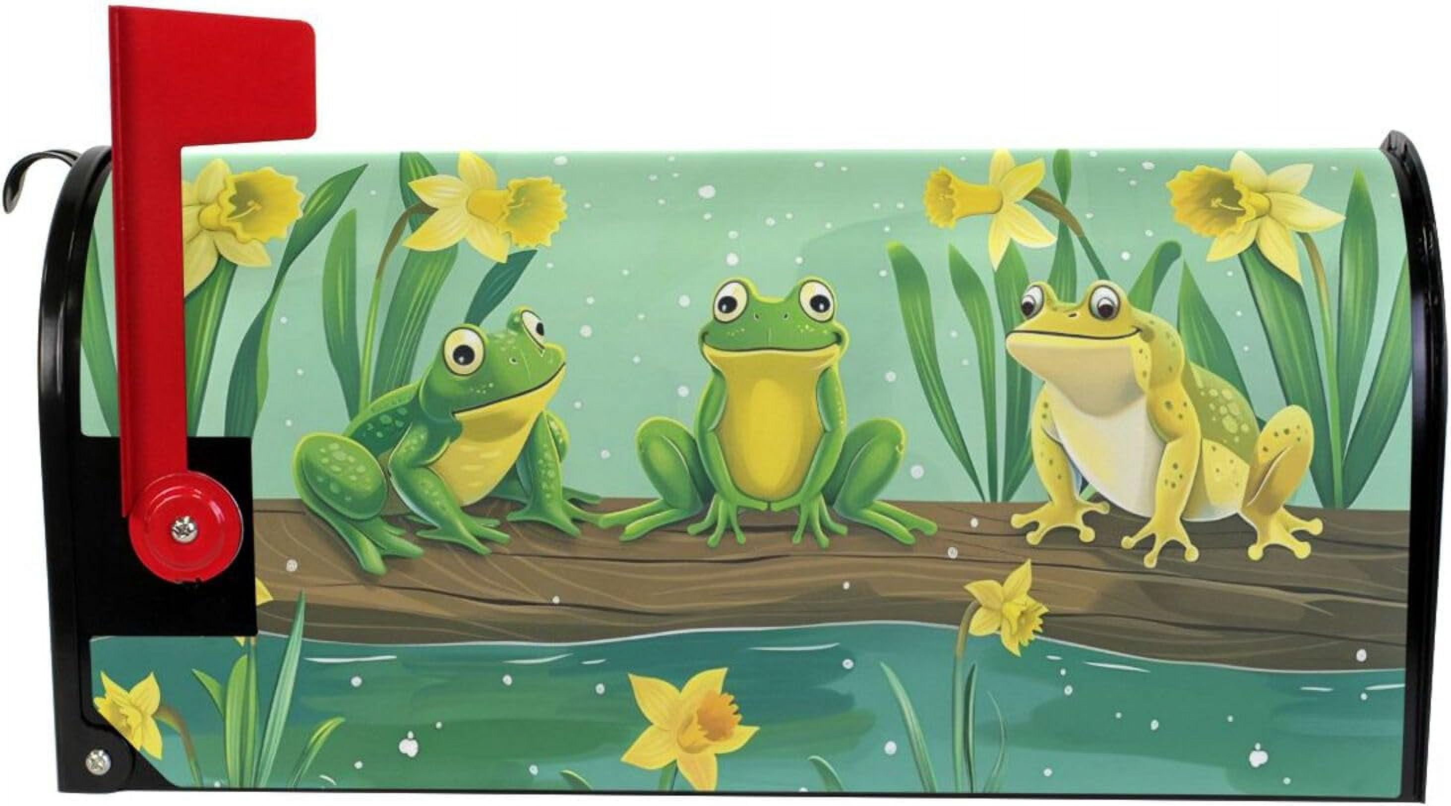 Cute Frogs and Daffodils Yellow Flowers Magnetic Mailbox Cover MailWraps Garden Yard Home Decor for Outside Standard Size-18"x 20.8"6…