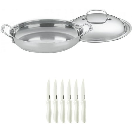 Cuisinart 725-30D Chef's Classic 12-Inch Stainless Everyday Pan with Dome Cover Bundle with Cuisinart Advantage 6-Piece Ceramic Coated Serrated Steak Knife Set, White