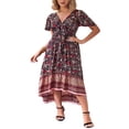 thumbnail image 1 of Robe Boho Longue d'Été pour Femmes à Manches Courtes V Cou Irrégulière Ourlet Cravate Robe Florale, 1 of 7