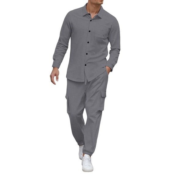 DHFJKG Mens 2 Piece Outfit Casual Linen Lapel Long Sleeve Button Front Shirt Jacket Ankle-Tied Pants With Multiple Pockets Cozy Outfit