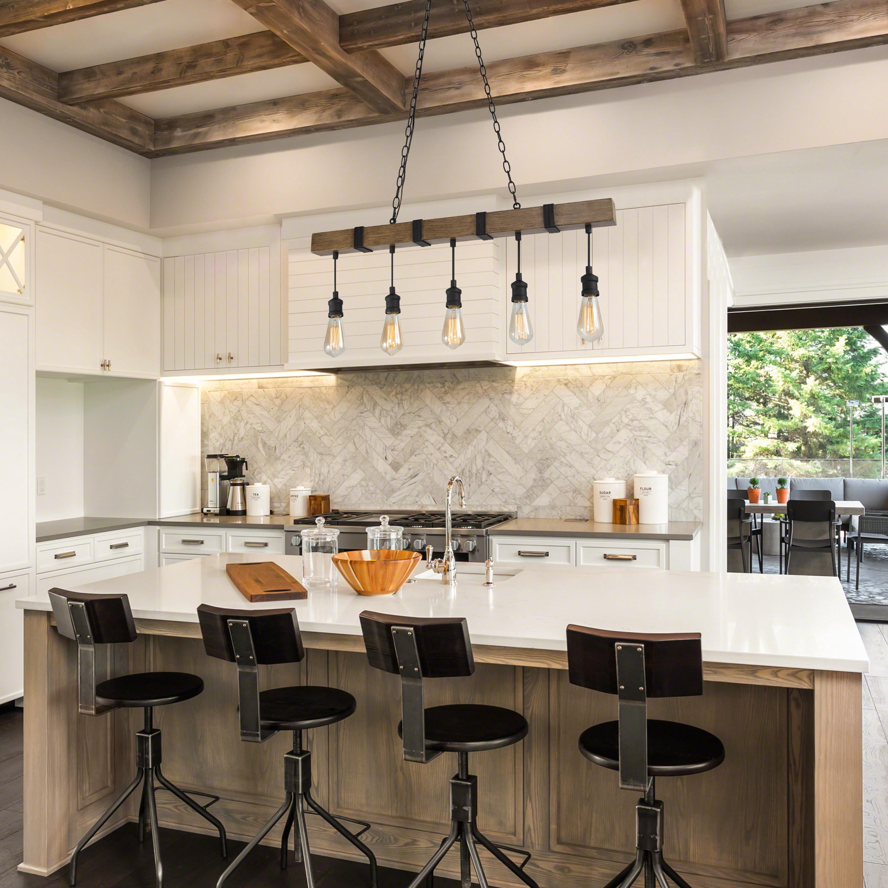 LNC 5-Light Brown Wood and Black Bare Bulb LED Linear Farmhouse Chandelier