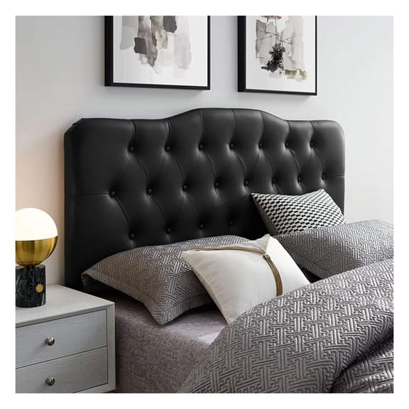 Annabel Tufted Button Faux Leather Upholstered Queen Headboard in Black