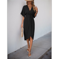 thumbnail image 4 of Short Sleeve Dresses for Women V Neck Pleated Slim Fit Flowy Swing Shift Irregular Midi Dress Black S, 4 of 9