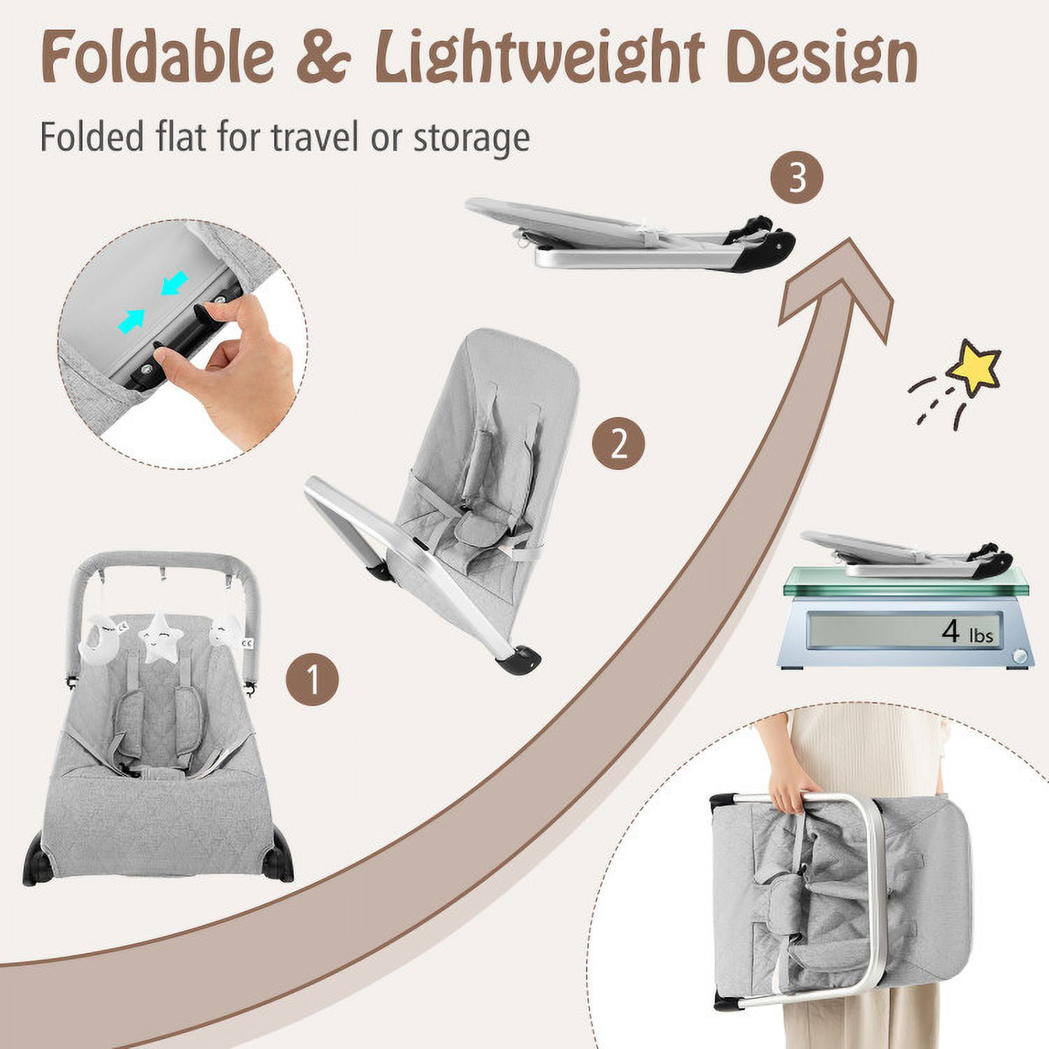 Kadyn Baby Bouncer,Rocker Chair Recliner,Baby Swing,Foldable Baby Bouncer with Removable Fabric Cover and Toy Bar-Gray