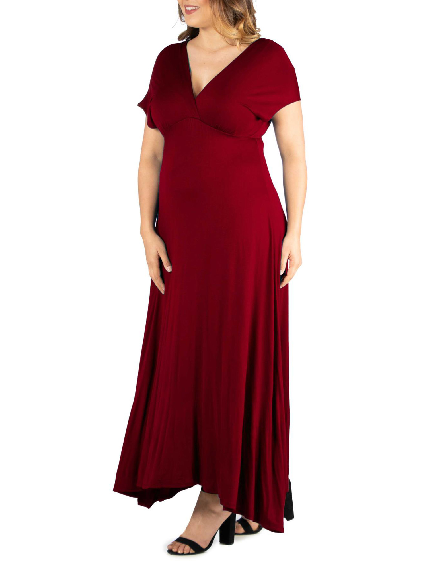 24seven Comfort Apparel Plus Size Empire Waist V Neck Maxi Dress