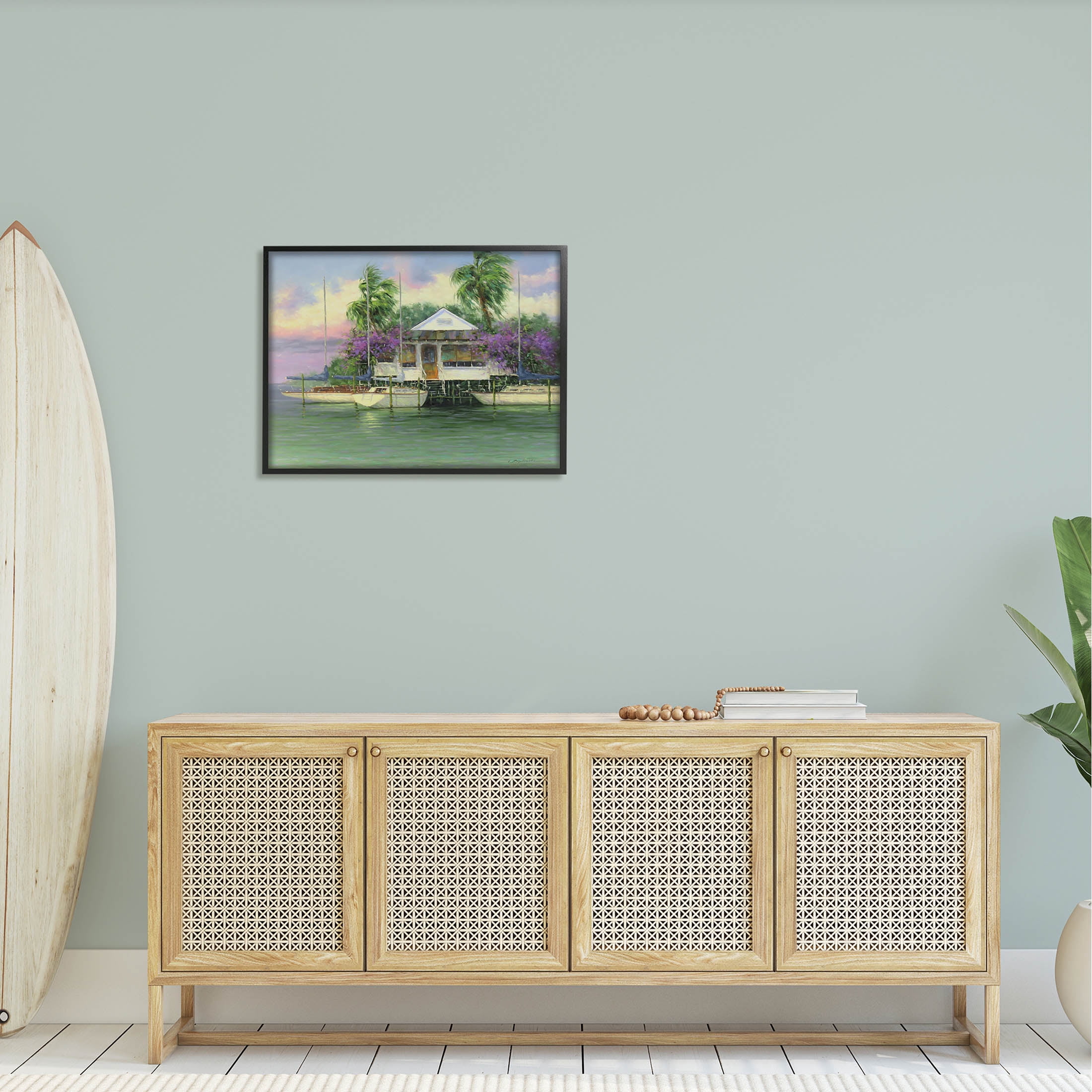 Coastal Boat Dock Tropical Palms Landscape Painting Black Framed Art Print Wall Art