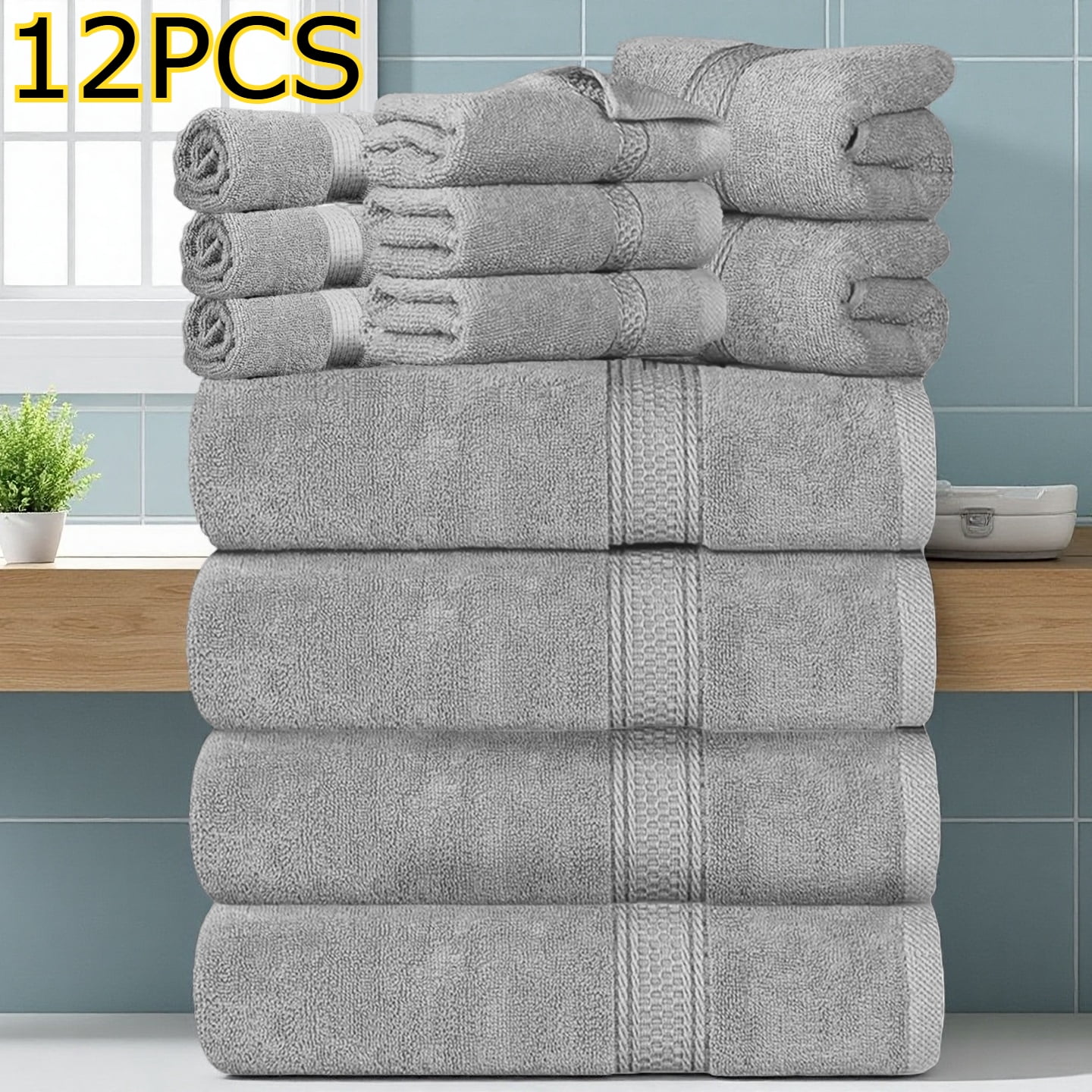Set of 12 Luxurious Cotton Towels, Including 4 Bath Towels, 2 Hand Towels, And 6 Washcloths. These Towels Are Highly Absorbent, Quick-Drying, And Soft, Making Them Perfect for Home, Hotel, Spa
