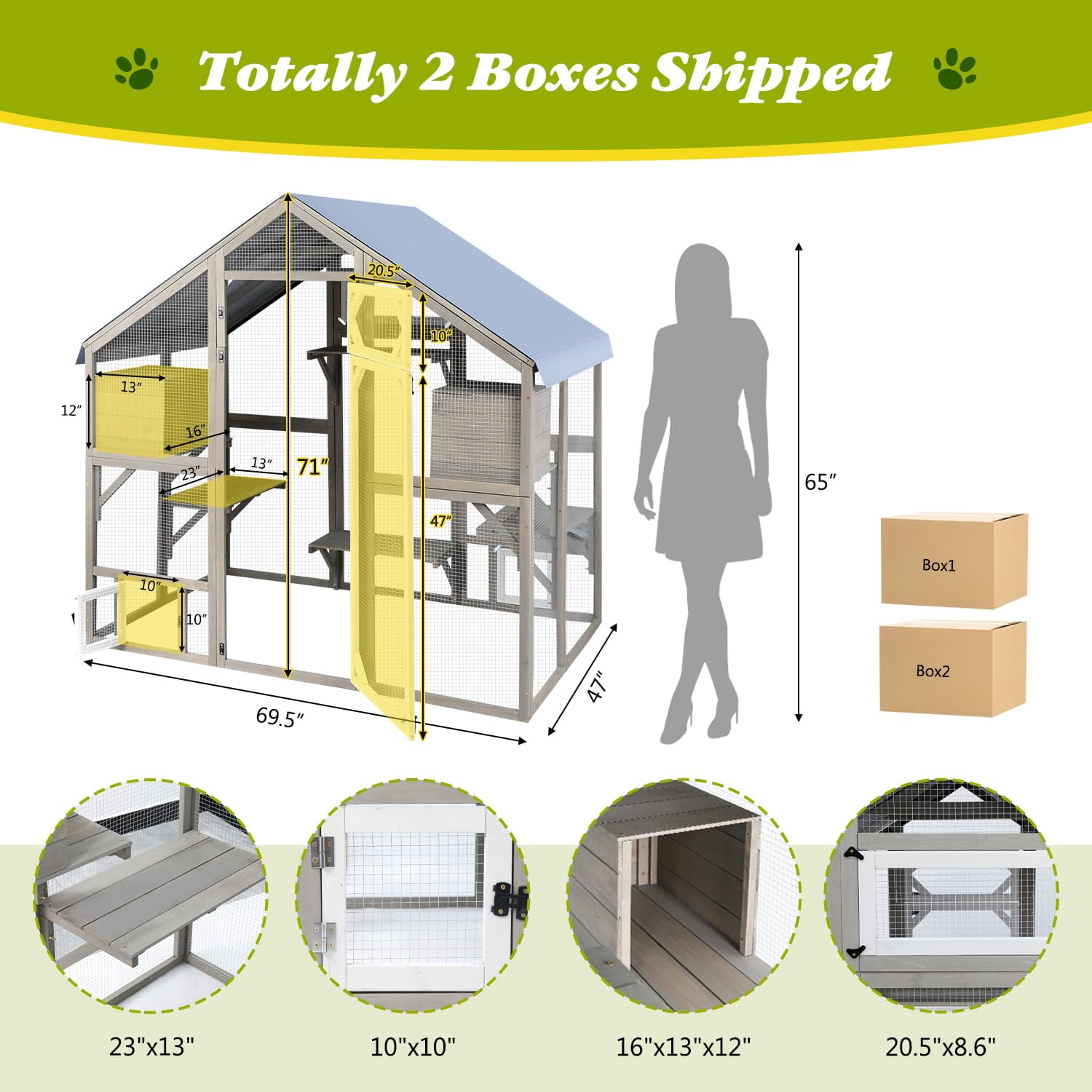 Large Outdoor Catio Cat Enclosure, Walk-in Wooden Cat House with Waterproof Cover, Multi-Level Play Platforms & Sleeping Houses, Grey
