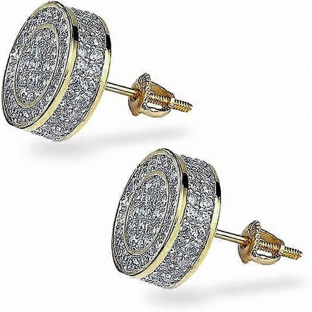 Aretes Para Hombre 14K Gold Plated 925 Sterling Silver Iced out CZ Hypoallergenic Round Screw Back Stud Earrings for Men