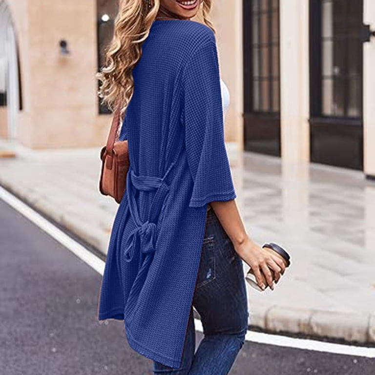blue waffle dressing gown Womens Robe Gowns Long Bathrobe Soft Dressing Gown Pajamas V Neck Long Sleeved Bath Robes with Belt for All Seasons Spa Hotel Sleepwear M Black Jacquard Velvet Long crinkle black mini dress SIZE:46