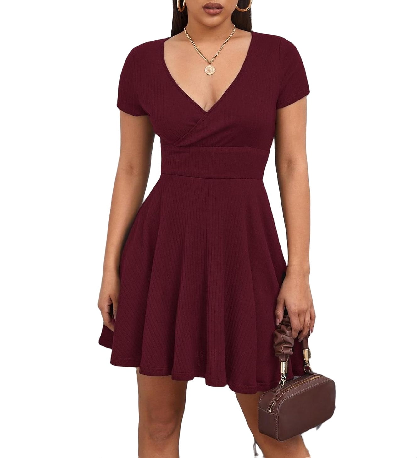 Elegant Solid V neck Fit and Flare Dress Short Sleeve Burgundy (Women's