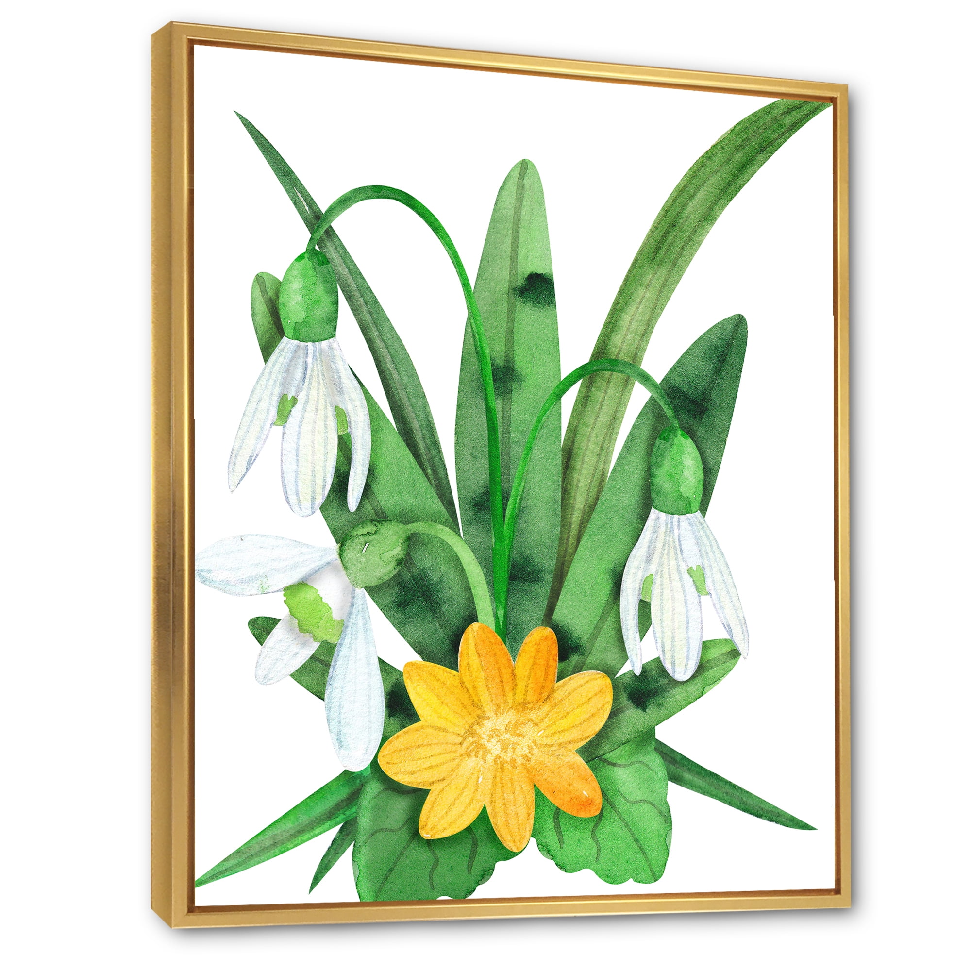 Snowdrops and Yellow Erantis VIntage Flowers 30 in x 40 in Framed Painting Canvas Art Print, by Designart
