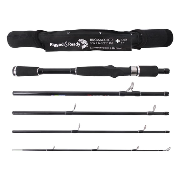 Rigged and Ready Spinning Travel Fishing Rucksack Rod 5' 6" 170 cm . Compact Length 15.5’ 40 cm