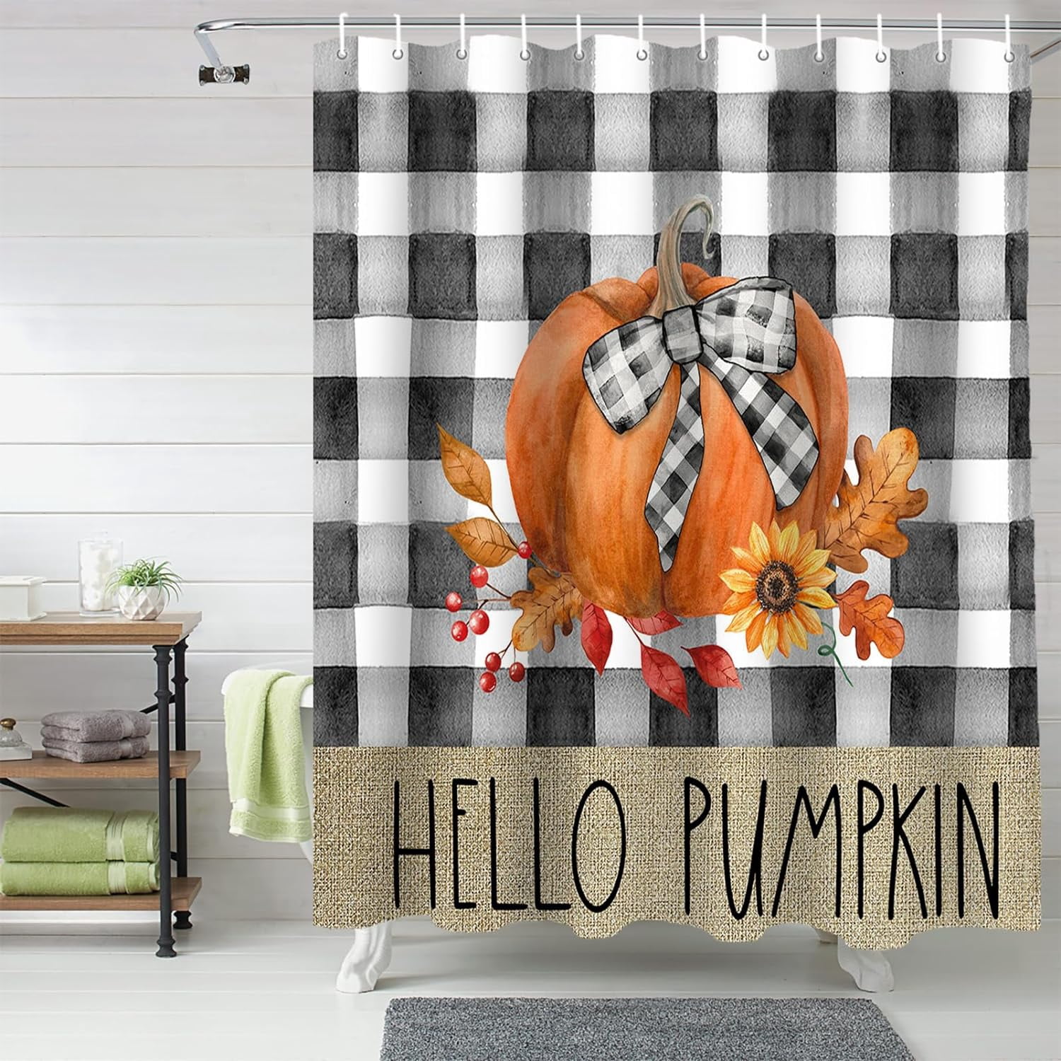 Fall Shower Curtain Hello Pumpkin Shower Curtains for Bathroom Autumn Leaf Sunflower Buffalo Plaid Bath Curtains Sets for Autumn Thanksgiving Seasonal Bathroom Decor Fabric Waterproof 72 x 72 in