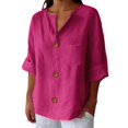 thumbnail image 2 of Cotton Linen Shirts Work Blouses Solid Blouses 3/4 Sleeve Tops Tunic Tops Plus Size Tunic Teacher Loose Tunics Trendy Fashion Clothes V Neck Oversized Tops Womens Shirts Gauze Tops Hot Pink L, 2 of 6