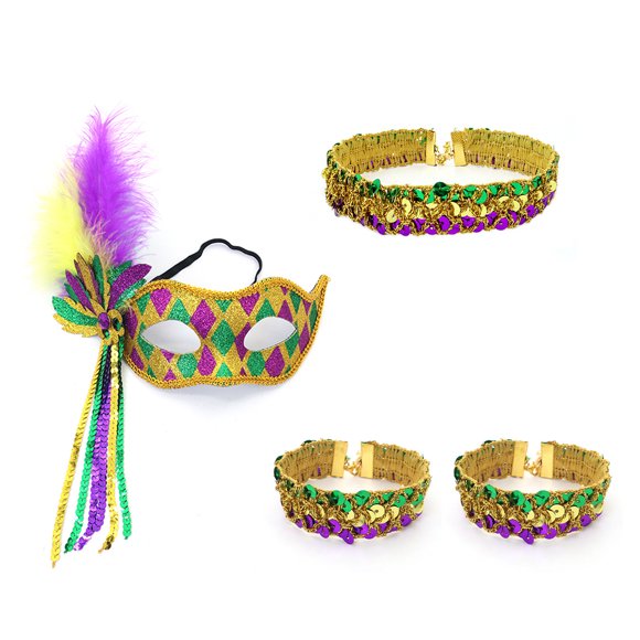 Visland 1920s Accessories Mardi Gras Sequin Collar Bracelet Costume Props Women Flapper Feather Headband for Carnival Masquerade