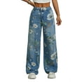 thumbnail image 2 of Women's Baggy Jeans Casual Boyfriend Mid Rise Floral Printed Wide Leg Denim Pants Blue XL, 2 of 8