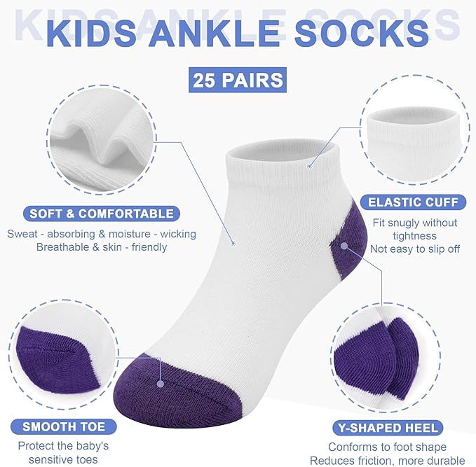 25 Pairs Toddler Kids Socks, Ankle Athletic Low Cut Short Socks for Boys Girls 1-14 Years