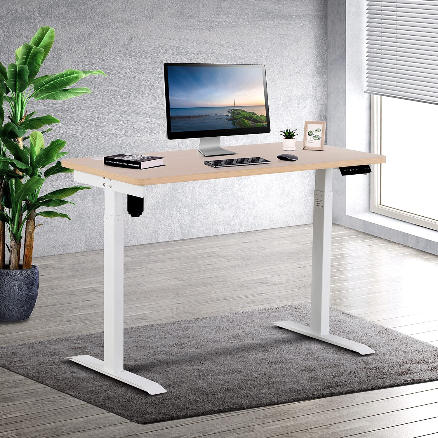 UNICOO® Height Adjustable Electric Standing Desk, 47.24 x 23.62 Inches Stand up Table, Sit Stand Home Office Desk with One Piece Tabletop (NTESMF01-W + 48 in Light Oak TOP)