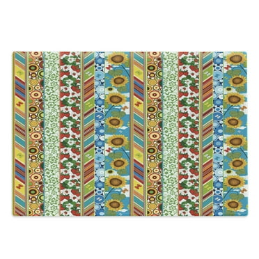 Striped Cutting Board, Colorful Summer Spring Retro Patchwork Style Pattern Sunflower Butterfly Strawberry, Decorative Tempered Glass Cutting and Serving Board, Large Size, Multicolor, by Ambesonne