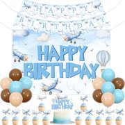 Airplane Birthday Party Decoration Blue Vintage Airplane Happy Birthday Backdrop Banner Plane Cake Topper Time Fly Decoration Blue Sky Aviation Plane Adventure Party Balloon for Little Pilot