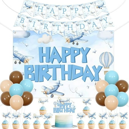 Airplane Birthday Party Decoration Blue Vintage Airplane Happy Birthday Backdrop Banner Plane Cake Topper Time Fly Decoration Blue Sky Aviation Plane Adventure Party Balloon for Little Pilot