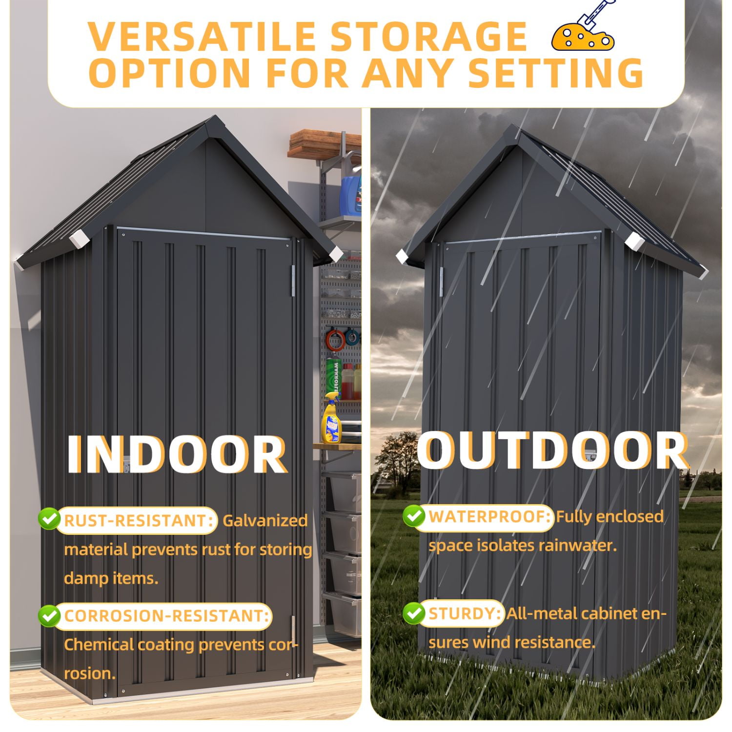 AECOJOY Outdoor Storage Shed with Floor & Metal Small Cabinet Waterproof with Shelves for Patio in Dark Grey