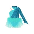 thumbnail image 4 of TSSOE Kids Girls Sequin Ballet Dance Dress One Shoulder Long Sleeve Gymnastic Leotard Jazz Cha Cha Ballroom Costume Blue Green 10, 4 of 5