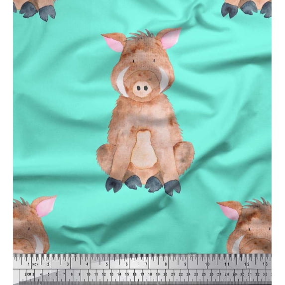 Soimoi Blue polyester Crepe Fabric Pig Animal Decor Fabric Printed Yard 52 Inch Wide