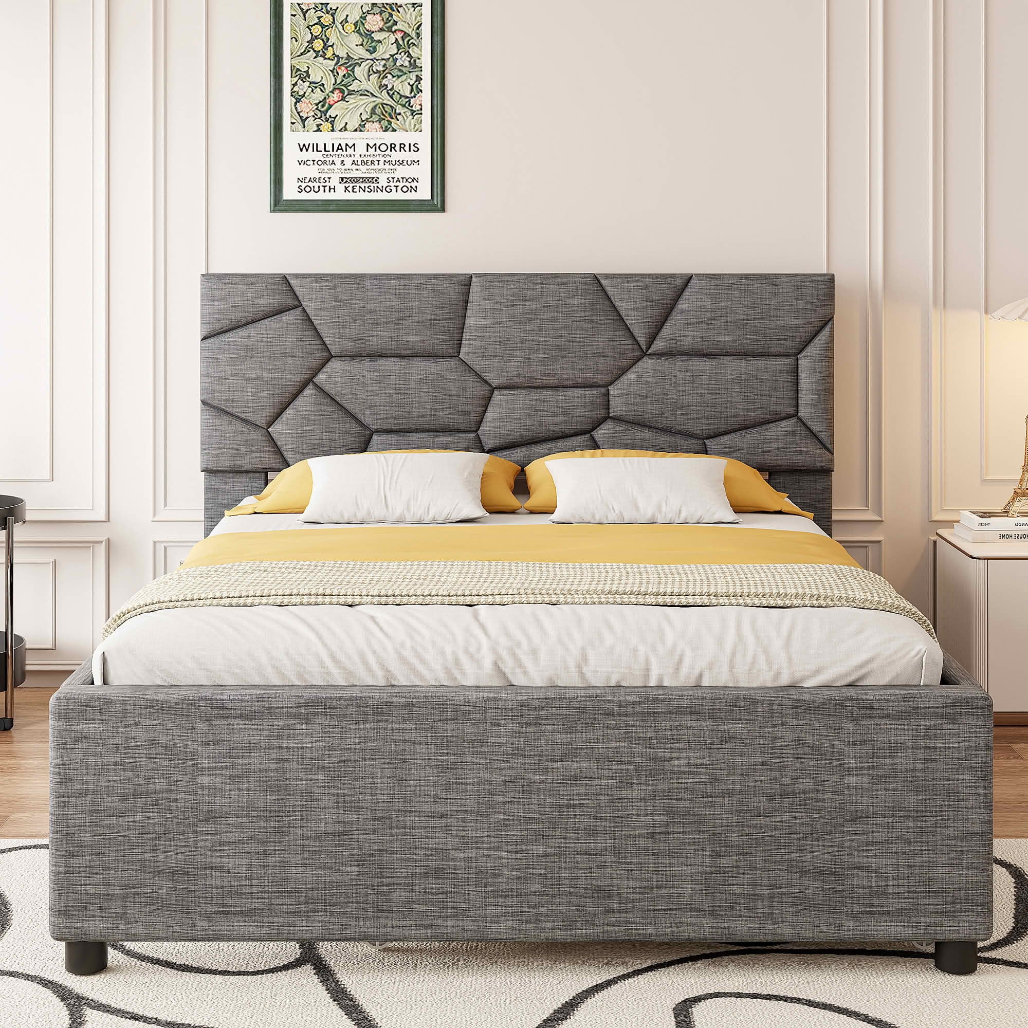 MAYEERTY Brick Pattern Upholstered Platform Bed with Twin XL Trundle, No Box Spring Needed
