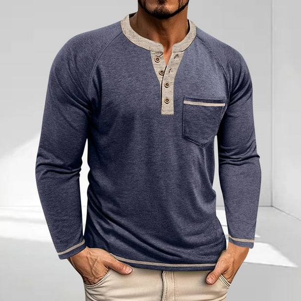 pstuiky manga larga de hombre, Blusas casuales de manga larga con cuello redondo, botones, cuadros, bolsillos y bloques de color para hombre salir tops xxxl