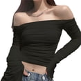 thumbnail image 1 of goowrom Women Off-the-shoulder T-shirt, Adults Ruched Solid Color Flare Sleeve Mesh Crop Tops, 1 of 5