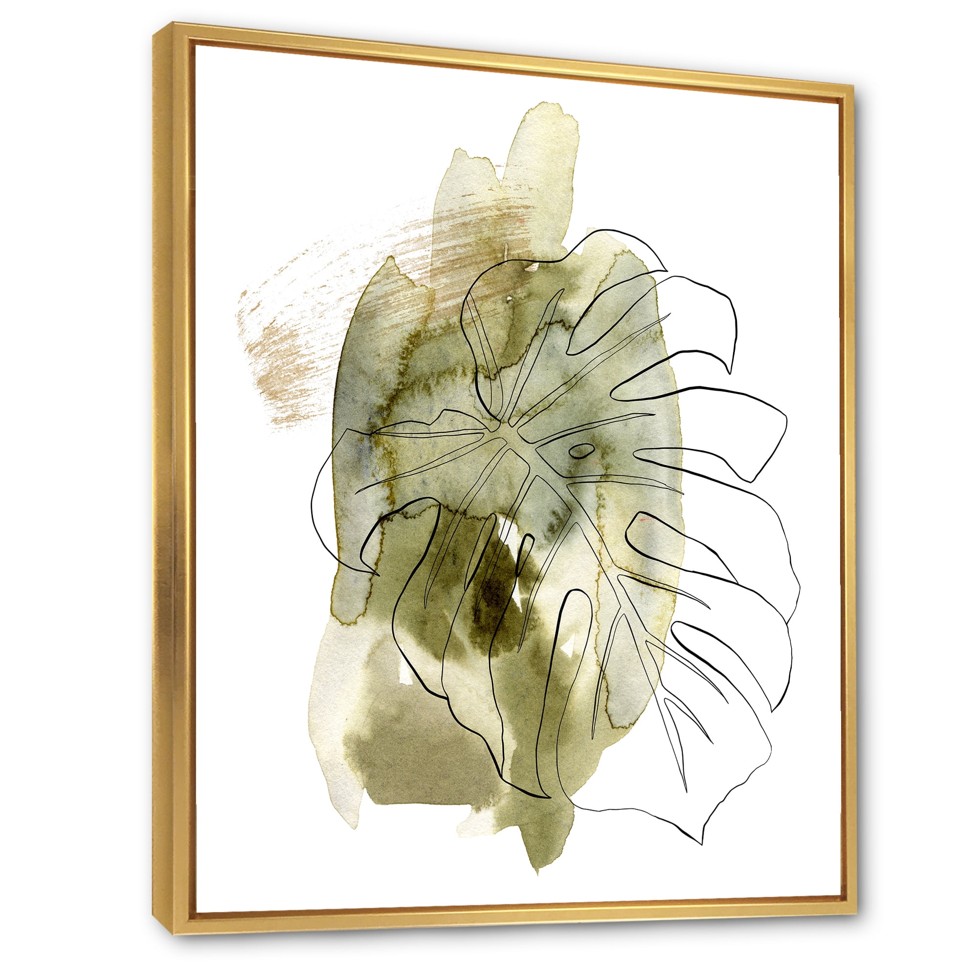 Designart 'Line Art Monstera Branch Tropical Abstract Leaves on Green' Traditional Framed Canvas Wall Art Print