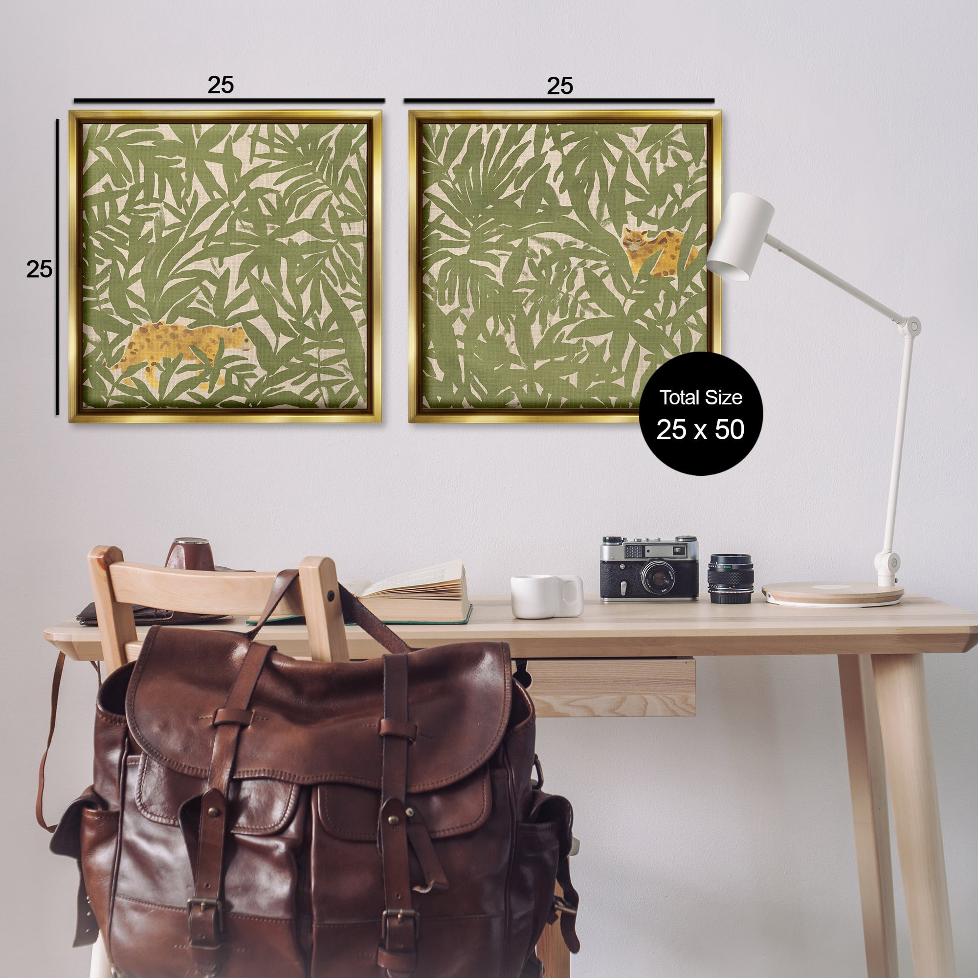 Stupell Industries Hunting Jungle Cat Plants & Flowers Painting Gold Floater Framed Canvas Art Print Wall Art, 25 x 25, Set of 2