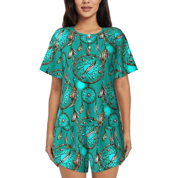 Fotbe Boho Dreamcatcher Conjunto de Pijama Estampado para Mujer, 2 Piezas, Ropa de Dormir con Camiseta de Manga Corta y Shorts Suaves-Medium