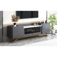 thumbnail image 4 of Stylish 70" Tv Stand With Gold Frame And Grey Faux Marble Top For Entertainment Elegant Fluted Glass Doors Finish, 4 of 5