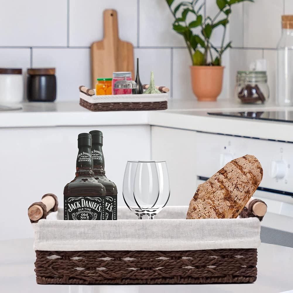 Round Paper Rope Storage Basket, Wicker Baskets for Organizing with Wooden Handles, Decorative Basket for Countertop, Bathroom Toilet Tank Basket, Small Baskets Set (Set of 2,Brown)
