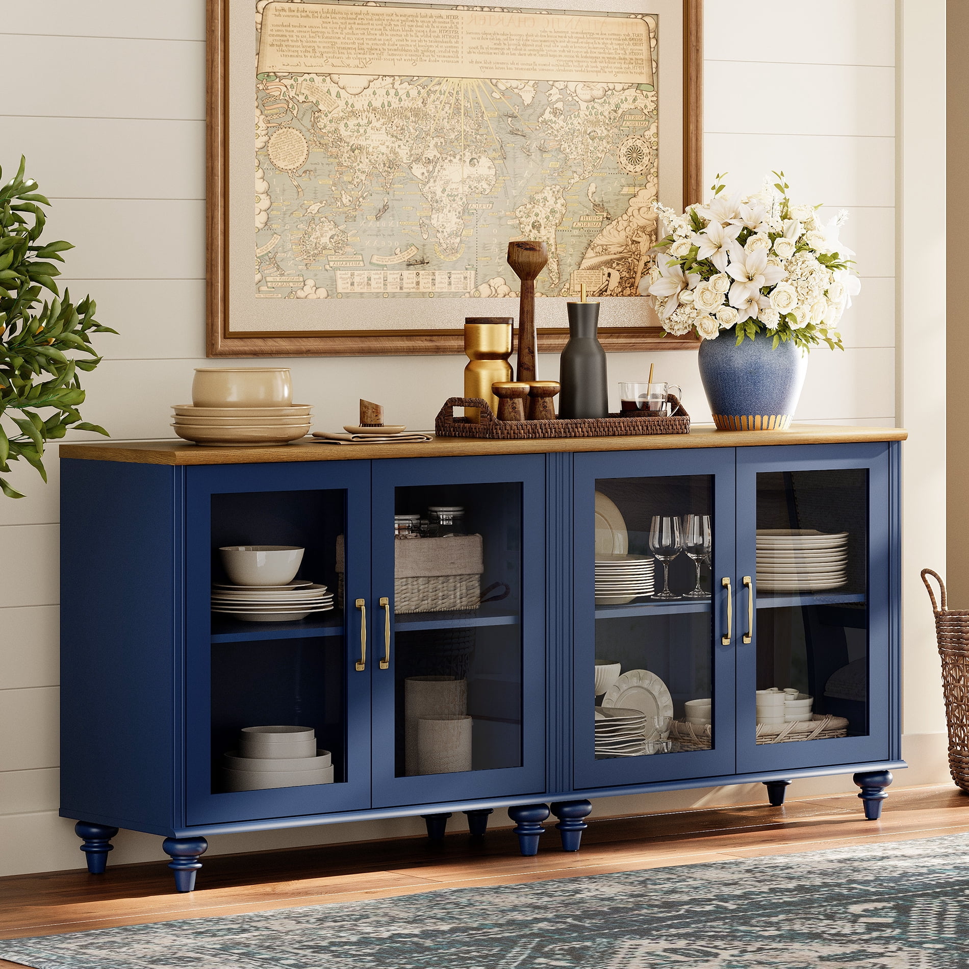 68" Buffet Cabinet with 4 Glass Doors, Kitchen Storage Cabinets, Wood Coffee Bar Table with Adjustable Shelf, Sideboard Credenza for Dining Room, Navy Blue