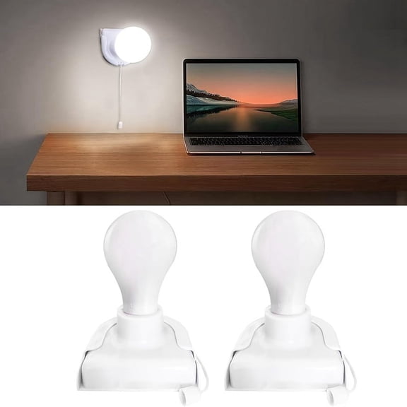 2 Pack Stick Up Battery Operated Light Bulb, Closet Light Bulb, Self Adhesive Wall Mounted Light Fixture with Pull Chain
