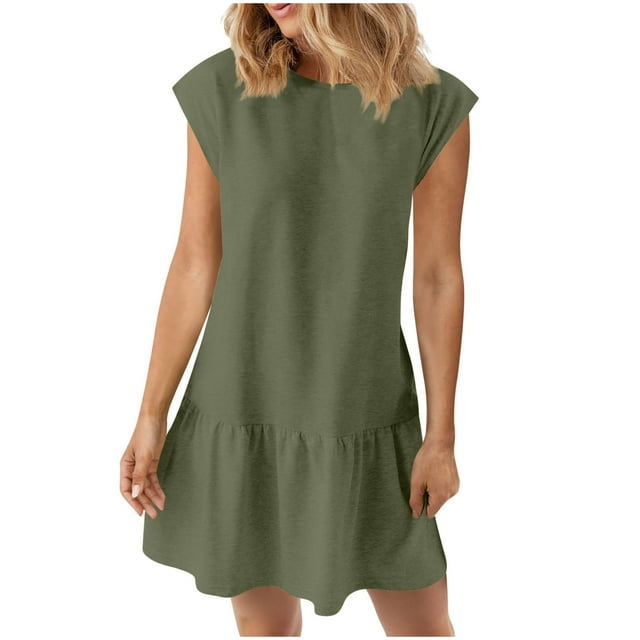 Hyknon Robes d'Été Babydoll pour Femmes Mignonnes à Volants Manches Courtes Col Rond Robes de Plage Fluides Robe Mini Robe d'Été P-2TG