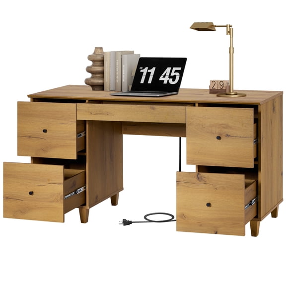 Executive Desk with 5 Drawers, 58" Wide Modern Wooden Office Desk with Charging Station & Keyboard Tray, for Home Office, Oak Brown