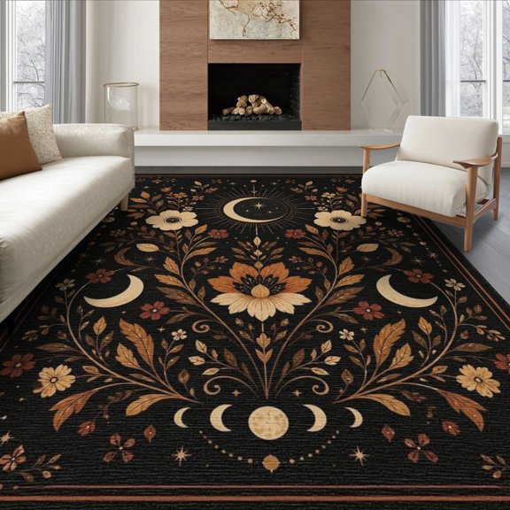 ODIKA 8'x10' Washable Area Rug Black Gold Celestial Garden and Moon Motifs Elegant Floral Astronomical Design for King Size Bedroom Under Bed, Master Suite, Non-Shedding, Easy Care