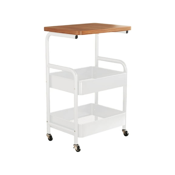 WLOELOEW P-030 White Rolling Cart With Table Sofa Side Table With Mesh Shelves And Open Storage Side Nightstands Coffee Table For Living Room Bedroom Living Room