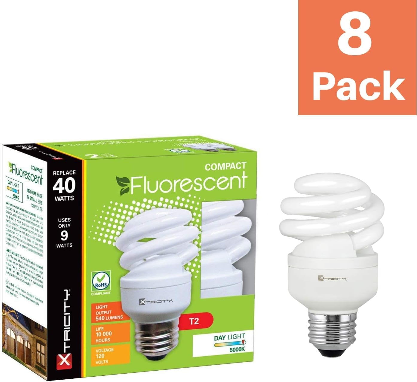 Xtricity Compact Fluorescent Light Bulb T2 Spiral, E26 Base, 5000k Daylight, 9W, 8 Pack