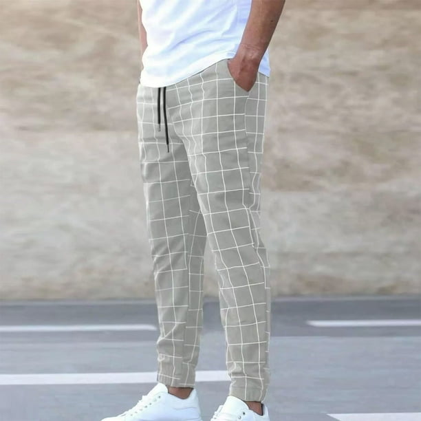 Pantalones largos para hombre, estilo casual, deportivo, a cuadros, con cintura elástica y bolsillos.